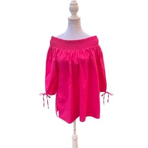MELISSA PAIGE PXL fuchsia pink off the shoulder puff shortsleeve smock neck top